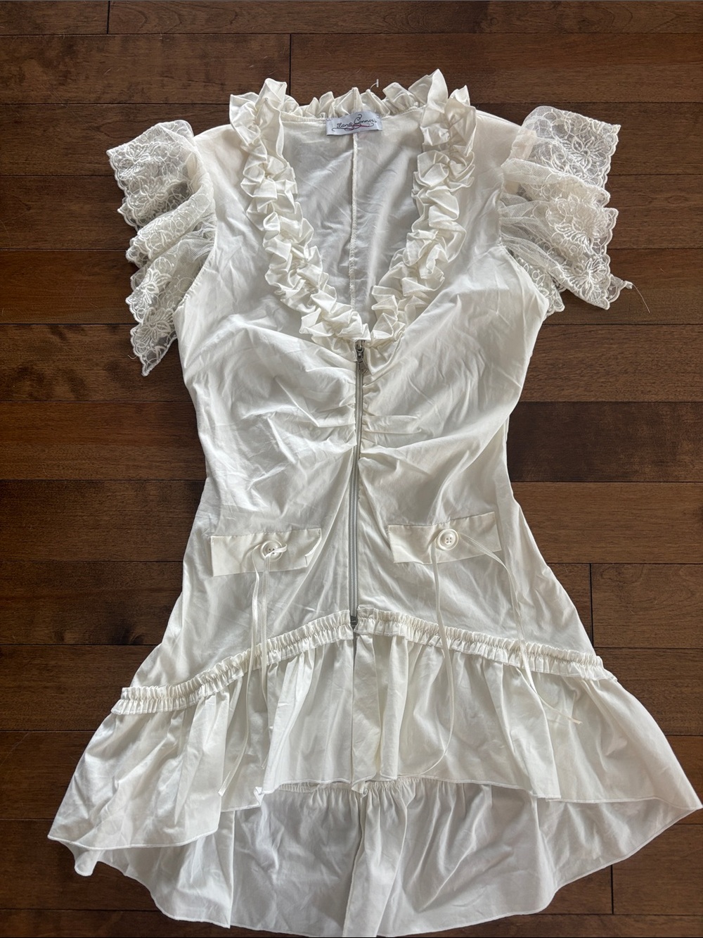 Ruffled Lace Sleeve White Zip-Front Micro Mini Dress